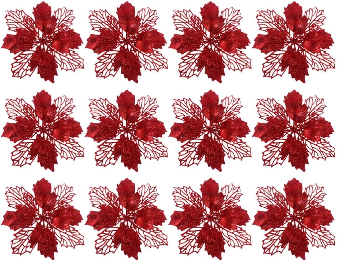 12 Pieces Christmas Tree Decorations Glitter Poinsettia Christmas