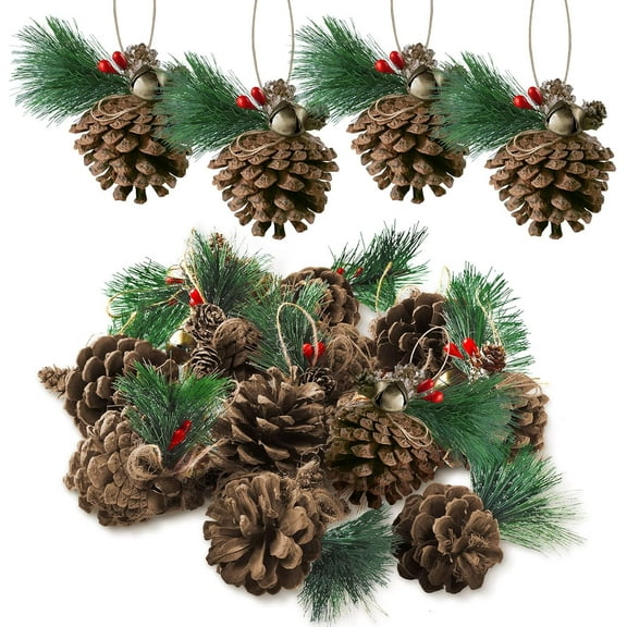 12 Pieces Christmas Tree Pine Cones Ornaments Natural Pine Cones with Bell Pendant Crafts, Rustic Xmas Tree Decorations for Fall Thanksgiving Christmas Tree Winter Home Decor