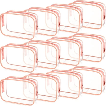 12 Pieces Clear Cosmetics Bag PVC Zippered Clear Toiletry Carry Pouch Portable Cosmetic Makeup Bag Waterproof Makeup Bag Vinyl Plastic Organizer Case for Vacation Bathroom(Pink,Small)