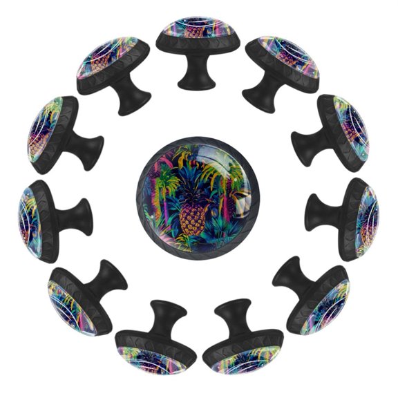 12 Pieces Colorful Palm Trees Leaves Pineapples Glass Knobs for Dresser Drawers, 1.37 x 1.10 IN Round Kitchen Cabinet Pulls For Home Office Nursery Kids Room