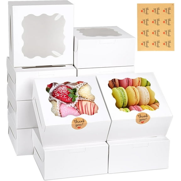 12 Pieces Cookie Boxes with Window, 663 Inches Treat Boxes for Bakery Dessert Pastry Mini Cake Favor Donut Baked Goods (White, with Stickers)