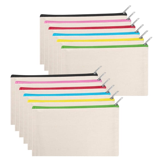 12 Pieces Cotton Canvas Makeup Bag, Multipurpose Cosmetic Bag with Zipper Travel Toiletry Pouch, Blank DIY Craft Bag