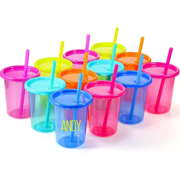 12 Pieces Cups with Straws and Lids, Plastic Tumbler Cups Bulk with Colored Alphabet Stickers, Reusable Spill Proof$$Home Decor, Kitchen, & Other