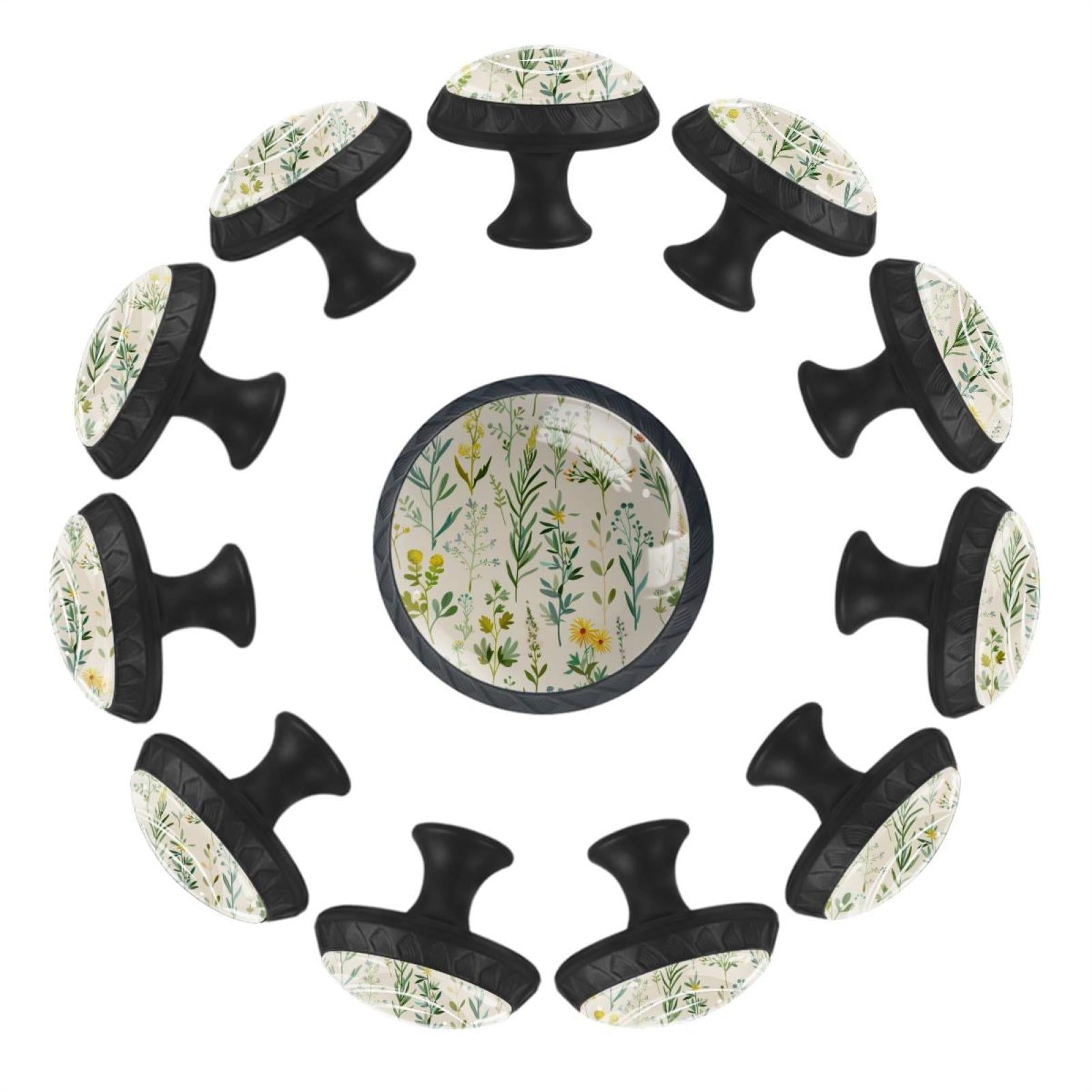 12 Pieces Cute Herbs and Floral Meadow Herbs Collection Glass Knobs for Dresser Drawers, 1.37 x 1.10 IN Round Kitchen Cabinet Pulls For Home Office Nursery Kids Room