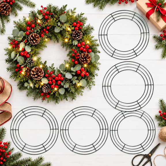 12 Pieces Dark Green Metal Wire Wreath Frames with Base, 12 Inch Round Wreath Rings, Metal Wreath Forms for Floral Arrangements, DIY Crafts, Wedding & Christmas Home Decor Supplies