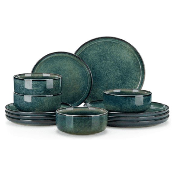 12 Pieces Dinnerware Sets for 4, Green Reactive Glaze Dishes Sets, Ceramic Plates and Bowls Set, Dinner Salad Dessert Plates, and Cereal Bowls Set, Dishwasher and Microwave