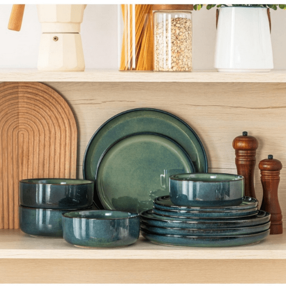 12 Pieces Dinnerware Sets for 4, Green Reactive Glaze Dishes Sets, Ceramic Plates and Bowls Set, Dinner Salad Dessert Plates, and Cereal Bowls Set, Dishwasher and Microwave Safe