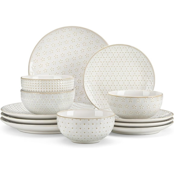 12 Pieces Dinnerware Sets, Modern Relief Design Plates and Bowls Sets, White Dish Set for 4, Kitchen Ceramic Dinner Plates Dishware Set, Microwave and Dishwasher Safe, Series LYDIA