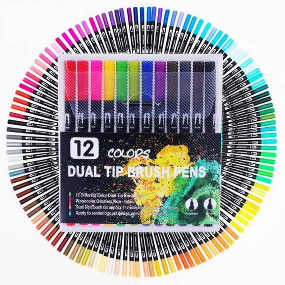 12 Pieces Of Double-Ended Watercolor Pens And Soft-Bristled Water-Based Markers|Fineliner Point Pens Brush Pen Marker 12 Color Tip 0.4mm3mm Art Marker For Sketch Drawing Sketching Coloring Artis