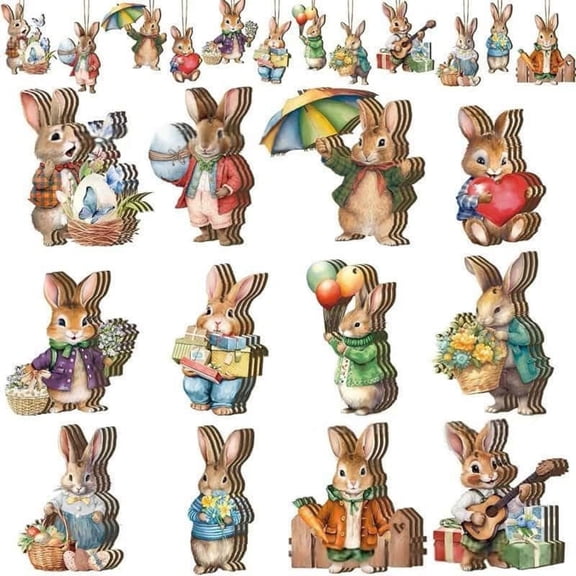 12 Pieces Easter Hanging Ornaments Rabbit Egg Wooden Ornaments with Flower Design Tree Decor Cute Rabbit Wood Cutouts Spring Easter Ornaments for Holiday Home Indoor Party Decoration
