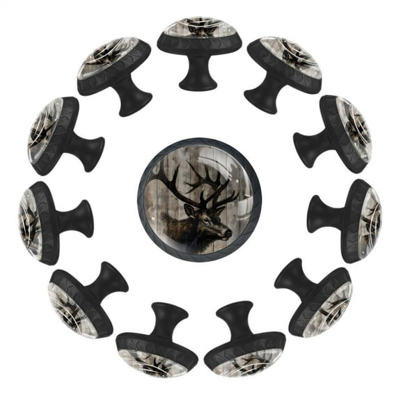 12 Pieces Elk on Vintage Wooden Background Glass Knobs for Dresser Drawers, 1.37 x 1.10 IN Round Kitchen Cabinet Pulls For Home Office Nursery Kids Room
