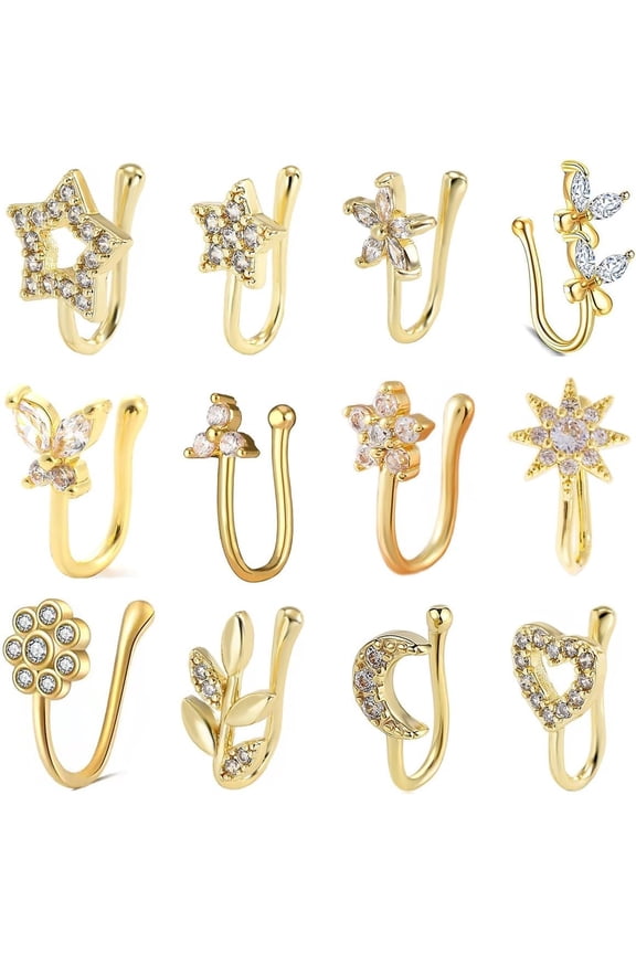 12 Pieces Fake Nose Ring Ear Clips Studs Non Piercing Earrings Inlaid CZ Flower Star Heart Non Piercing Jewelry U Shape Faux Nose Ring Spring Clip on Circle Hoop No Pierced Body Jewelry