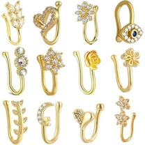 12 Pieces Fake Nose Ring Ear Clips Studs Non Piercing Earrings Inlaid CZ Flower Star Heart Non Piercing Jewelry U Shape Faux Nose Ring Spring Clip on Circle Hoop No Pierced Body Jewelry