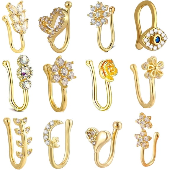 12 Pieces Fake Nose Ring Ear Clips Studs Non Piercing Earrings Inlaid CZ Flower Star Heart Non Piercing Jewelry U Shape Faux Nose Ring Spring Clip on Circle Hoop No Pierced Body Jewelry