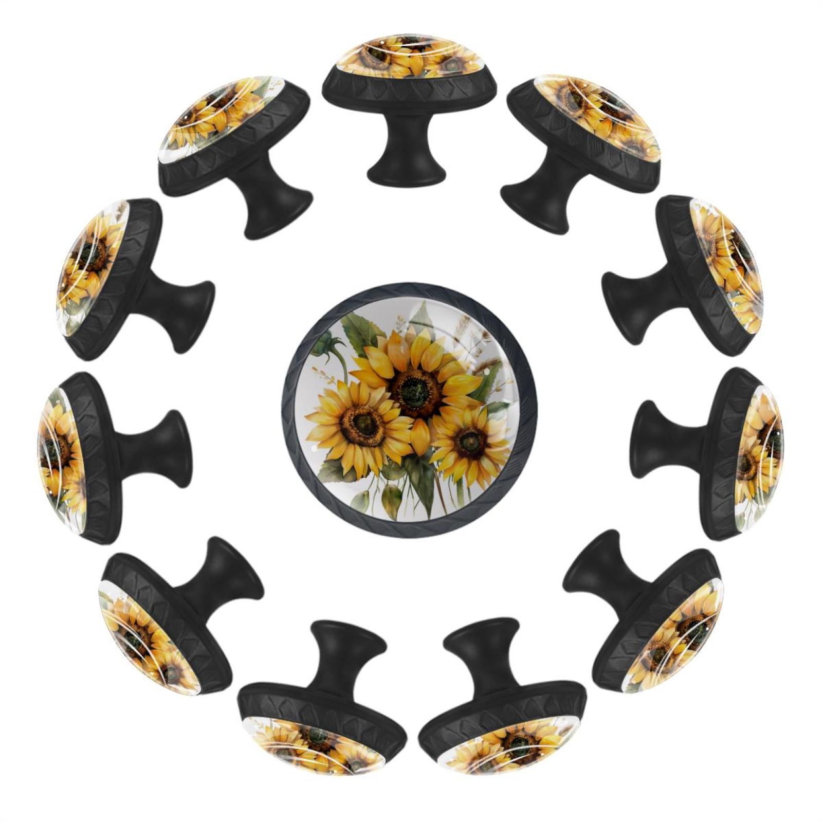 12 Pieces Farmhouse Sunflower Wildflowers Glass Knobs for Dresser Drawers, 1.37 x 1.10 IN Round Kitchen Cabinet Pulls For Home Office Nursery Kids Room
