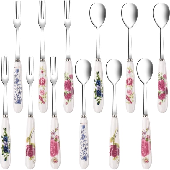 12 Pieces Forks and Spoons with Ceramics Handle, Stainless Steel Utensils Dessert Spoons and Forks Set for 6, Cutlery Set with Flower Pattern, Flatware Sets for Home Restaurant and Kitchen