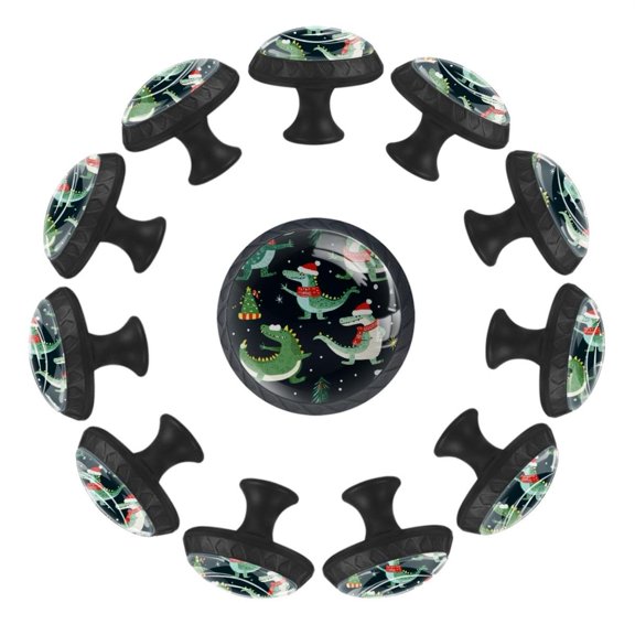 12 Pieces Funny Doodle Christmas Crocodile Pattern Glass Knobs for Dresser Drawers, 1.37 x 1.10 IN Round Kitchen Cabinet Pulls For Home Office Nursery Kids Room
