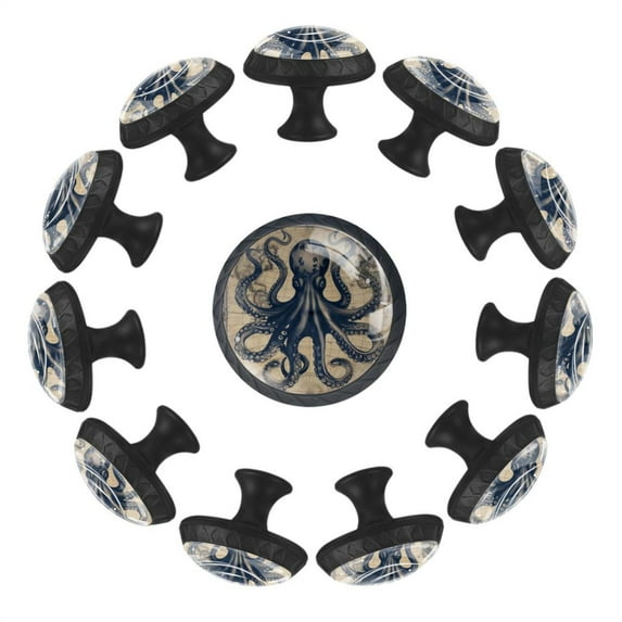 12 Pieces Funny Ocean Octopus Anchor Vintage Coastal Map Glass Knobs for Dresser Drawers, 1.37 x 1.10 IN Round Kitchen Cabinet Pulls For Home Office Nursery Kids Room