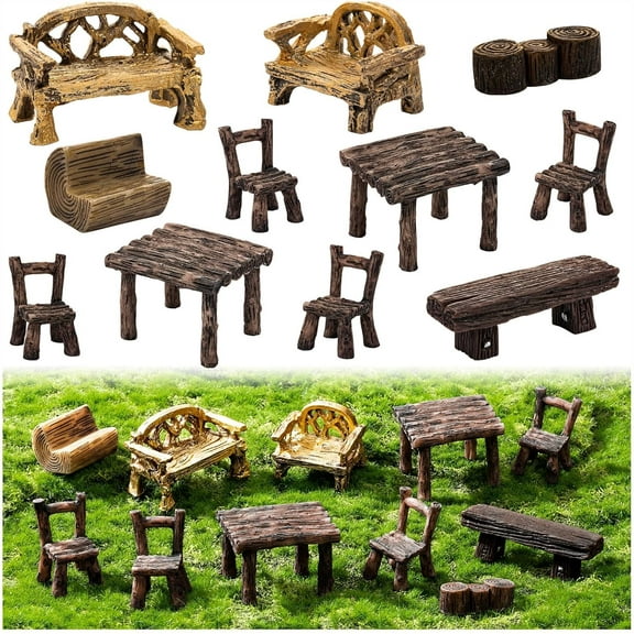 12 Pieces Garden Furniture Ornaments Miniature Table and Chairs Set Village Micro Resin Bench Chair for Dollhouse Accessories Home Micro Landscape (Vintage Style)