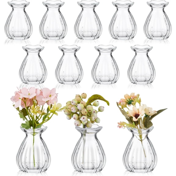 12 Pieces Glass Bud Vases for Centerpieces Bulk Mini Flower Bouquets Vases Small Cute Crystal Ribbed Glass Bud in Bulk for Wedding Baby Bridal Shower Table Party Home Decor (Clear)