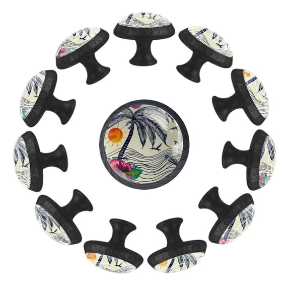 12 Pieces Hand Drawn Palm Tree Pattern Glass Knobs for Dresser Drawers, 1.37 x 1.10 IN Round Kitchen Cabinet Pulls For Home Office Nursery Kids Room