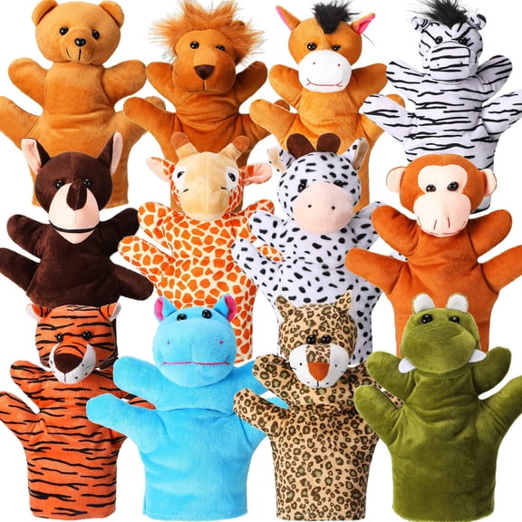 12 Pieces Hand Puppet Zoo Animal Plush Puppets Cute Animal Plush Pretend Educational Toys with Tiger Lion Bear Leopard Design for Telling Story Teaching Role Play
