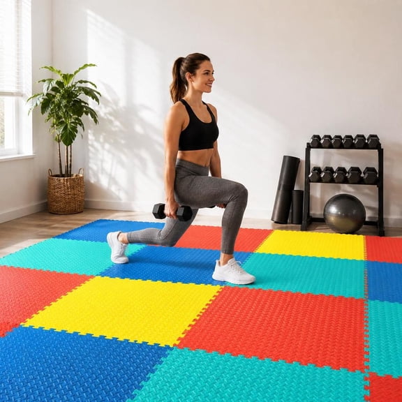 12 Pieces Interlocking Eva Foam Floor Mats 0.5 Inch Thick Waterproof Non Slip Puzzle Tiles with Borders for Home Gym Workout Playroom