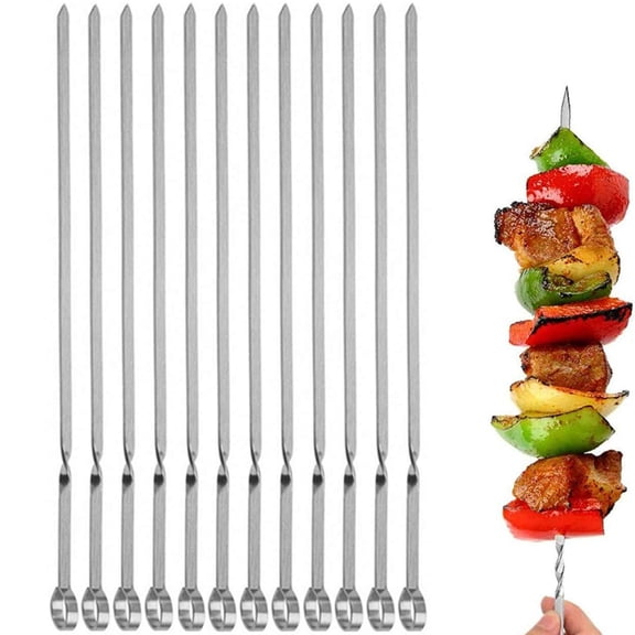 12 Pieces Kabob Skewers Flat Metal Stainless Steel BBQ Barbecue Skewer 14" Anti-Roll Heavy Duty Shish Kebob Sticks Wide Reusable Grilling Skewers Set for Meat Shrimp Chicken Vegetable Kebu