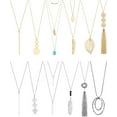 12 Pieces Long Pendant Necklace Set Y Tassel Leaf Circle Bar Necklace