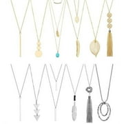 JOSLIKI 12 Pieces Long Pendant Necklace Set Y Tassel Leaf Circle Bar Necklace for Women