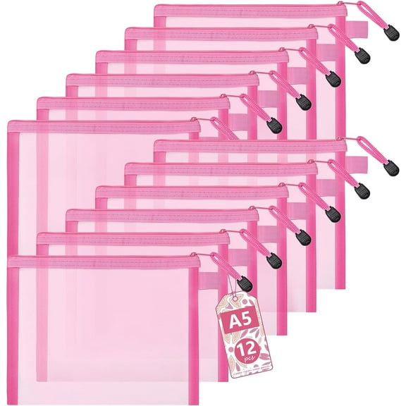 12 Pieces Mesh Zipper Pouch Bags,Pink Makeup Bags,Nylon Mesh Cosmetic Bags,Zipper Nylon Mesh Pouch,Mesh Makeup Bag,Nylon Makeup Pouches Organizers for Travel and Office Supplies(Pink, A5)