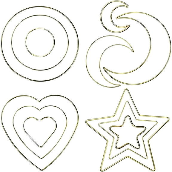 12 Pieces Metal Hoop Rings for Dream Catcher Making, Moon, Star, Heart, Circle Gold Macrame Hoop for Wedding Wreath Decor, DIY Wall Hanging Crafts (2 inch, 4 inch, 6 inch)