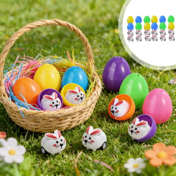 12 Pieces Mini Plush Bunny Cars Ornaments, Plastic Easter Eggs Decoration For Holiday Basket Filler, Mini Bunny Cars Easter Toys For Table Decor