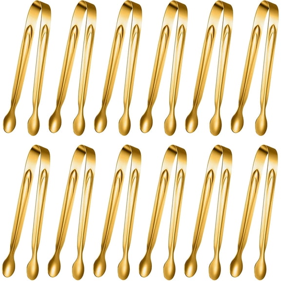12 Pieces Mini Tongs Stainless Steel Small Sugar Serving Tongs for Charcuterie Board Appetizers Dessert Serving Food Tiny Party Danish Candy(6 Inch,Gold)