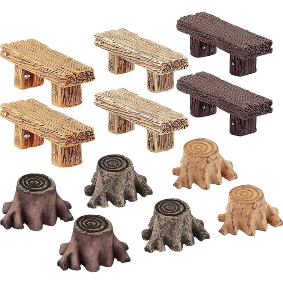 12 Pieces Miniature Garden Ornaments, Includes 6 Pieces Retro Wooden Style Benches, 6 Artificial Mini Root Stump for Moss Terrariums Landscape Dollhouse Accessories Decorations