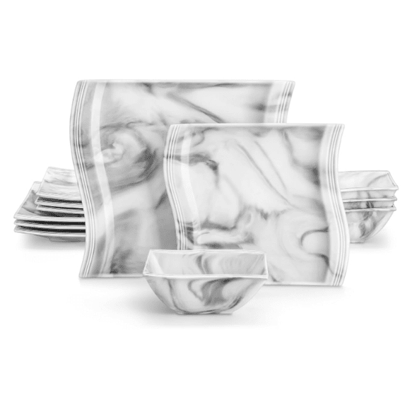 12 Pieces Modern Porcelain Dinnerware Sets for 4, Marble Dishware Set Kitchen Dining Ware Set, Square Ceramic Dish Set, Microwave and Dishwasher ,