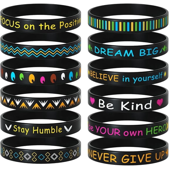 24 Pieces Motivational Rubber Wristbands Black Inspirational Quote Silicone Bands Unisex Style- 12 Designs
