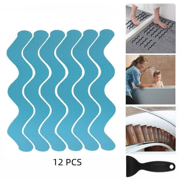 12 Pieces Non-Slip Bathtub Stickers Strips Safety Bathroom Tubs Showers Treads Adhesive Decals with Scraper for Bathroom, Bathtub, Stairs, Room Floors(Blue)