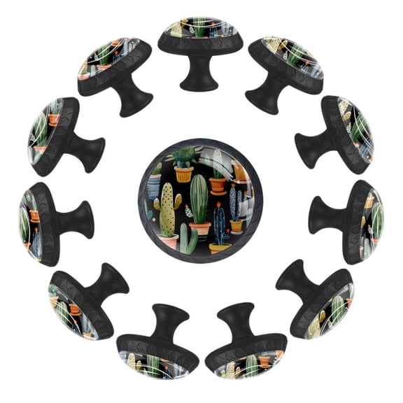 12 Pieces Paint Cactus Potted Plant Pattern Glass Knobs for Dresser Drawers, 1.37 x 1.10 IN Round Kitchen Cabinet Pulls For Home Office Nursery Kids Room