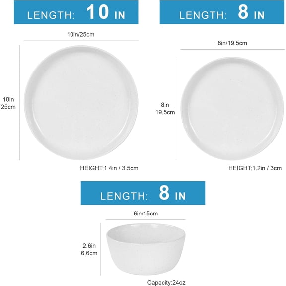 12 Pieces Plate and Bowl Sets, Stoneware Dinnerware Sets, Service for 4, Ceramic Kitchen Dinner Set, Porcelain Dishes Set, Microwave & Dishwasher Safe, White