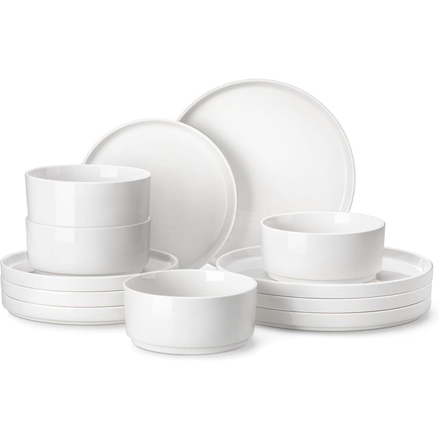 12 Pieces Porcelain Dinnerware Set, Dish Set for 4, Premium Plates and Bowls Sets, Chip and ...