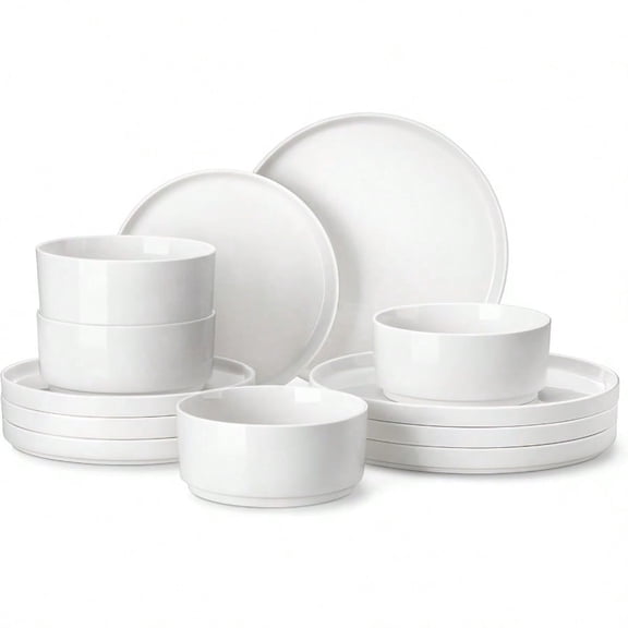 12 Pieces Porcelain Dinnerware Set Modern White Dish Set for 4 Premium Serving Plates and Bowls Sets Chip and Scratch Resistant Dishware Sets Kitchen Dishes Dining Ware Set Series LEAH