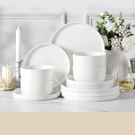 12 Pieces Porcelain Dinnerware Set, Modern White Dish Set for 4, Premium Serving Plates and Bowls Sets, Chip and Scratch Resistant Dishware Sets Kitchen Dishes Dining Ware Set