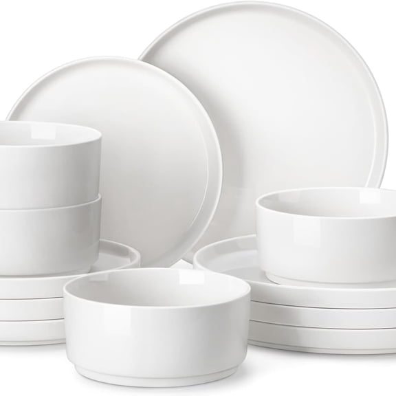 12 Pieces Porcelain Dinnerware Set, Modern White Dish Set for 4, Premium Serving Plates and Bowls Sets, Chip and Scratch Resistant Dishware Sets Kitchen Dishes Dining Ware Set
