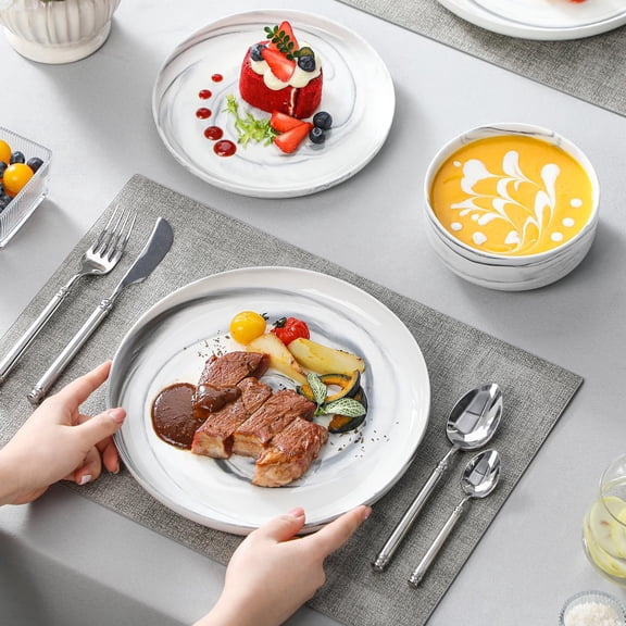 12 Pieces Porcelain Dinnerware Sets Dishware Sets Chip Resistant Ceramic Dish Set Dining Dinner Ware Service for 4, Marble Grey