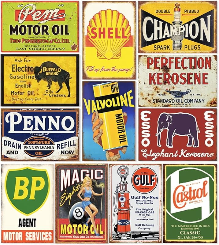 12-Piece Vintage Gas Oil Car Tin Signs for Garage Decor