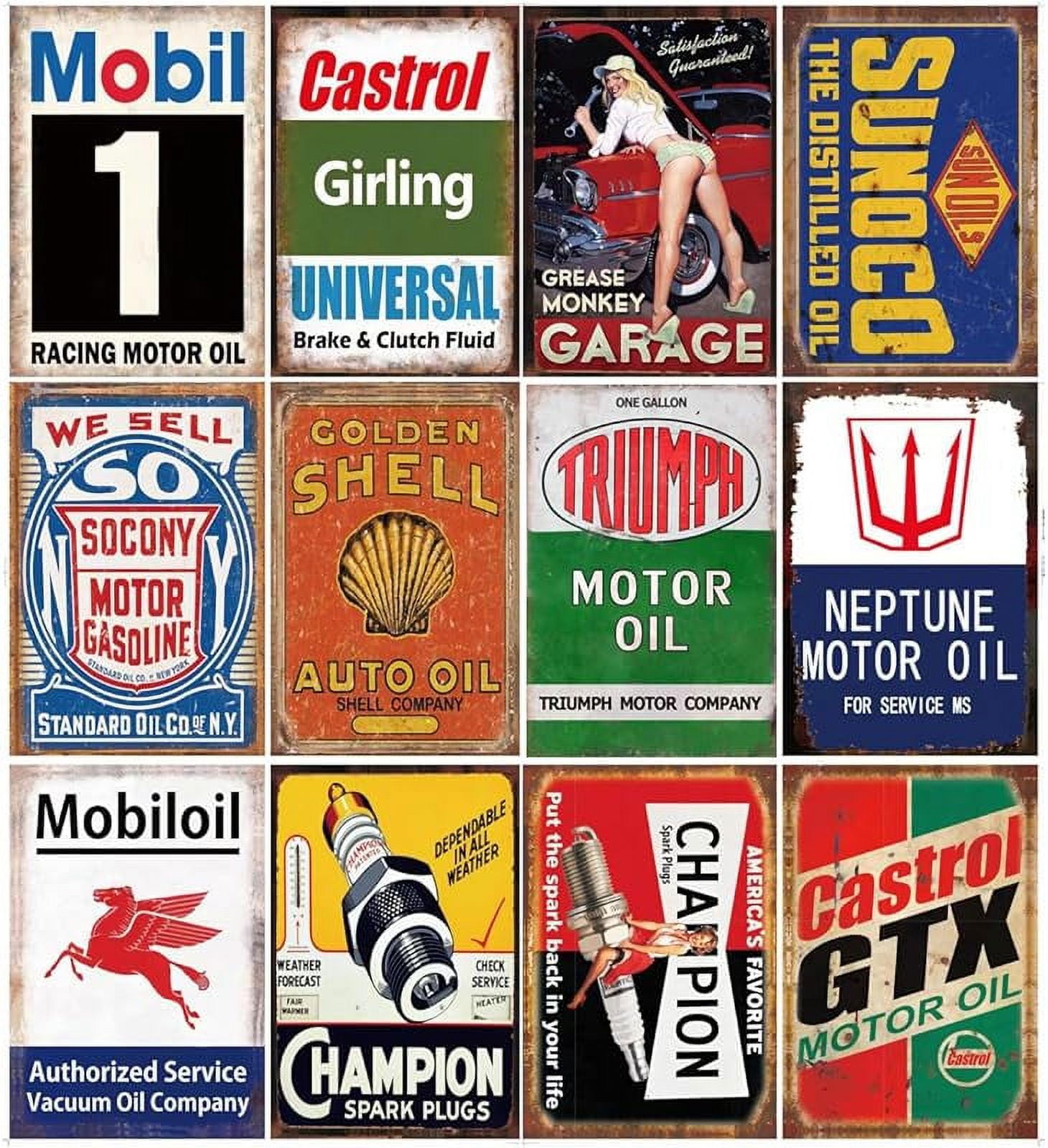 12-Piece Vintage Gas Oil Car Tin Signs for Garage Decor