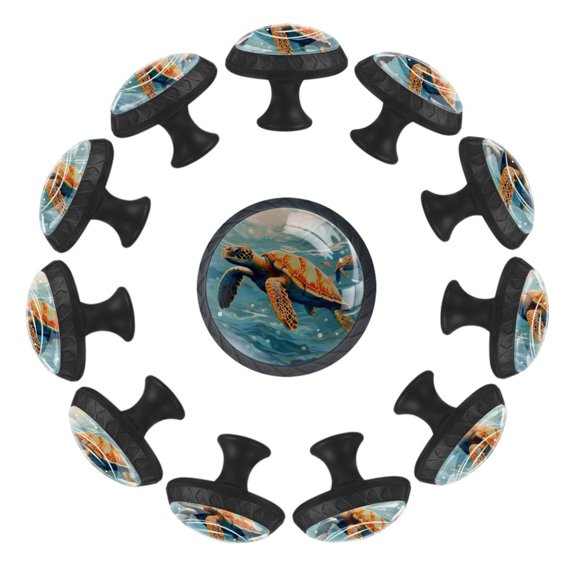 12 Pieces Sea Turtle Pattern Glass Knobs for Dresser Drawers, 1.37 x 1.10 IN Round Kitchen Cabinet Pulls For Home Office Nursery Kids Room