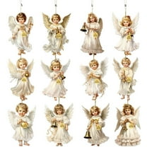 12 Pieces/Set 2D Flat Cute White Angel Design Wooden Hanging Decoration, Home Ornaments For Chritmas Tree, Window And Holiday Pendant