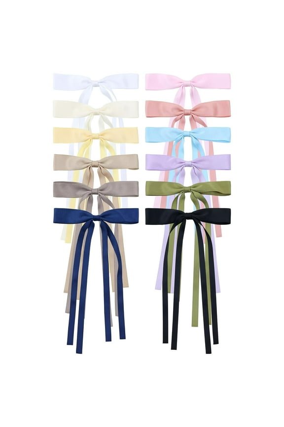 12 Pieces Silky Cotton Ribbon Hair Bows for Women, Bow Hair Barrettes with Long Tail Ribbon Bow Alligator Hair Clips Hair Accessories for Women Girls Teens Kids